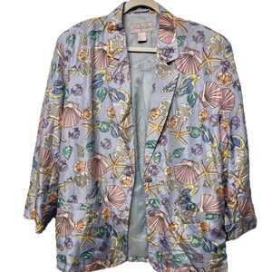 100%Silk Powder Blue Oversized M Blazer Coastal Grandma Ocean Crab Novelty Print